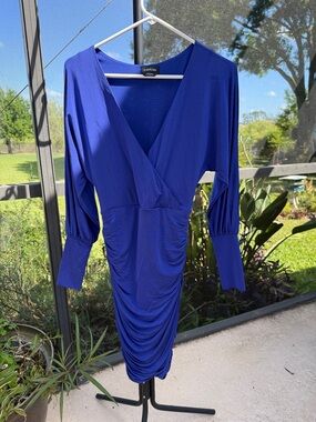 bebe purple Ruched Surplice Long Sleeve Dress